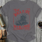 T-shirt with red distressed text "The Walk It Off Hiking Committee" and boot graphic.