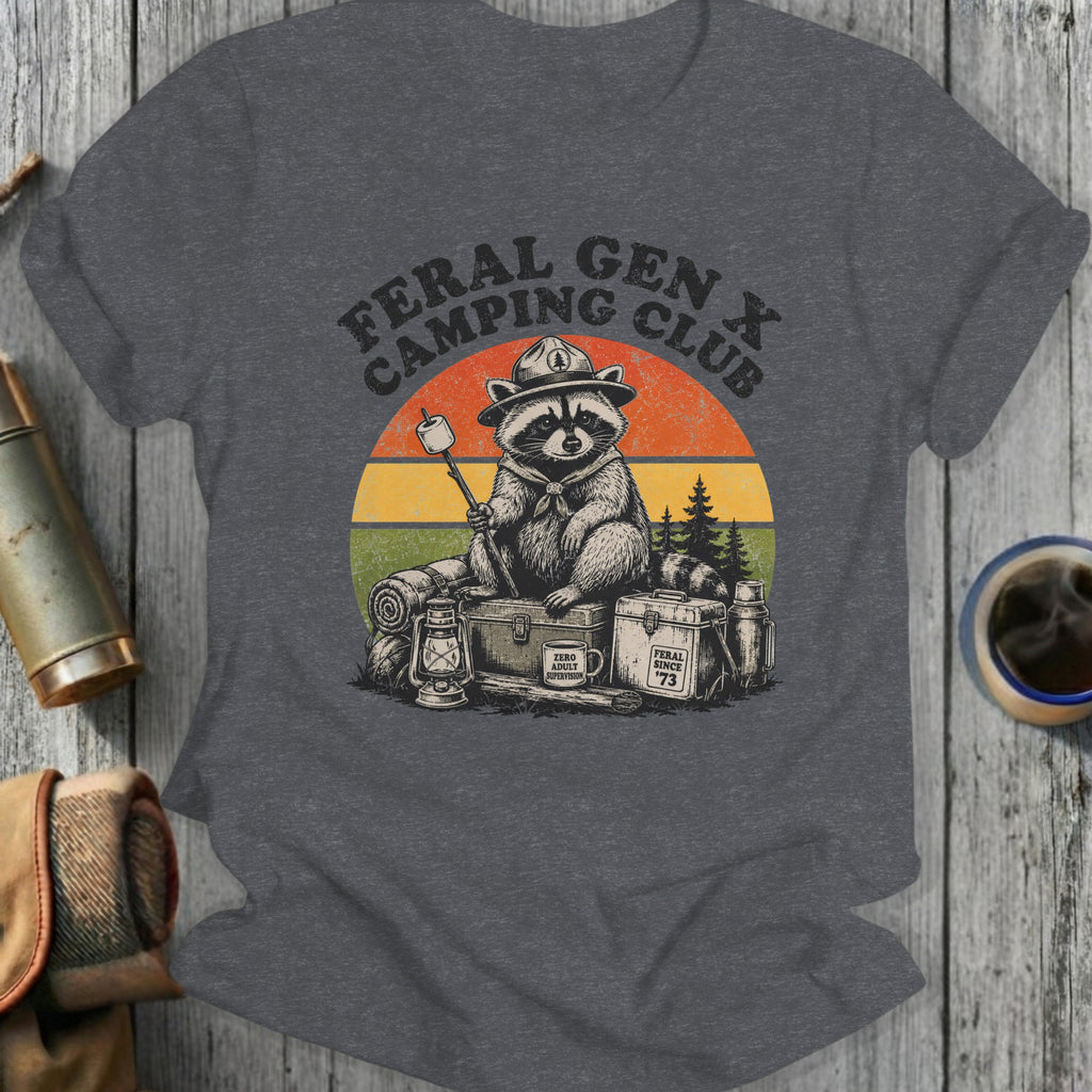 Raccoon in camping hat with marshmallow and gear, "Feral Gen X Camping Club" text.