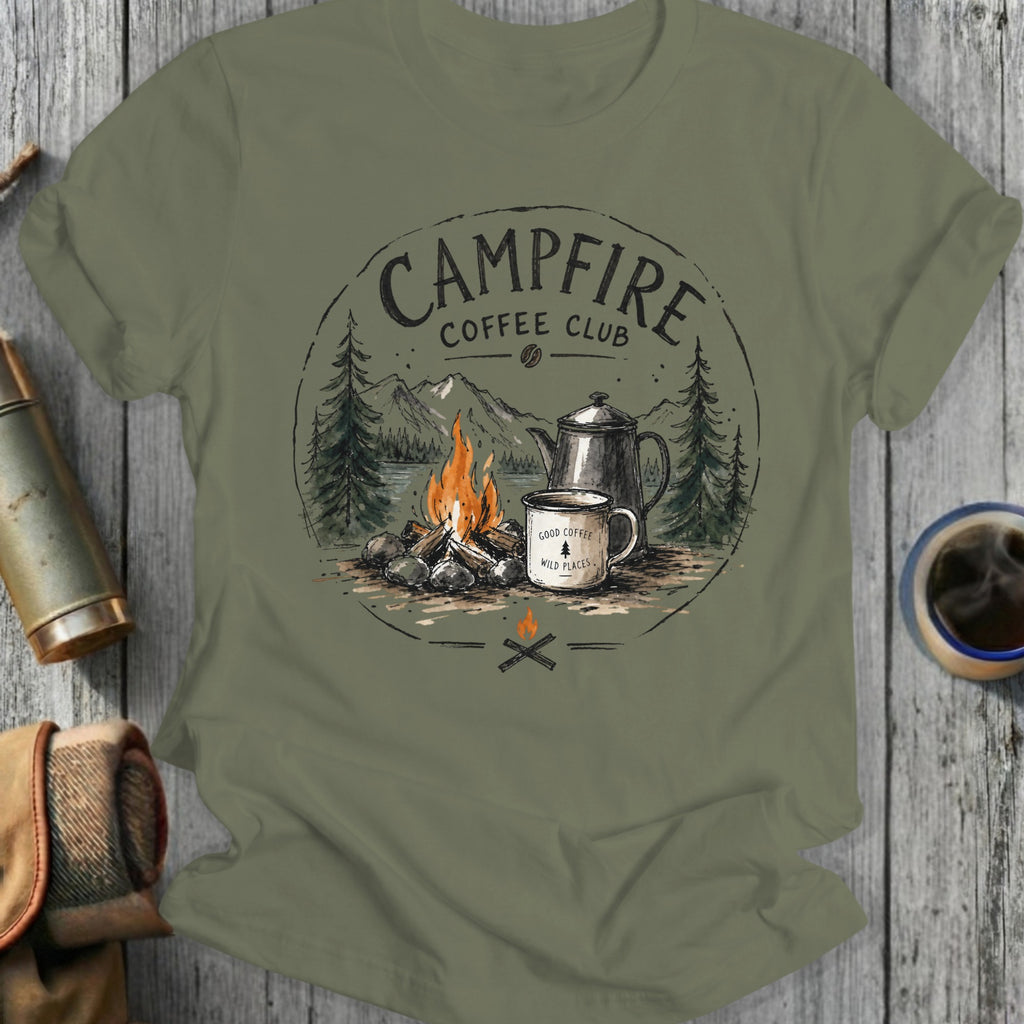 Campfire Coffee Club logo with campfire, coffee pot, and mug in front of mountains.