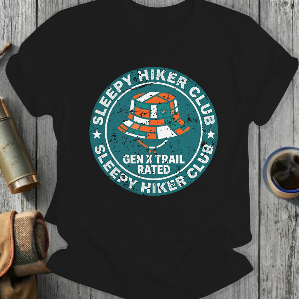Black t-shirt featuring a circular distressed logo with "Sleepy Hiker Club" and "Gen X Rated".