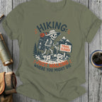 Skeleton hiking with backpack and walking stick, "Hiking: Just Walking Where You Might Die" text.