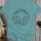T-shirt graphic with Bigfoot and alien camping by a fire, "Leave No Trace" text.