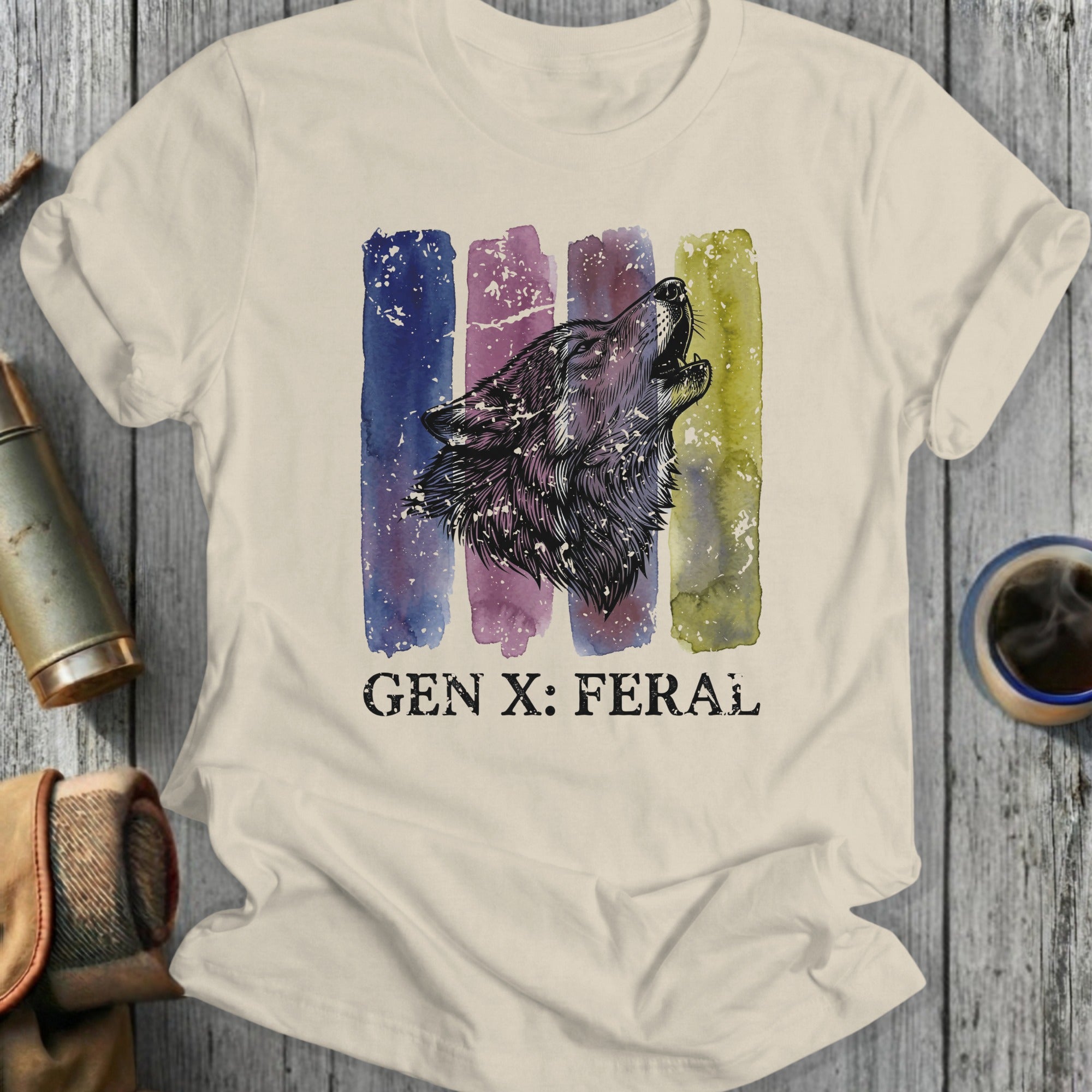 Wolf howling against watercolor stripes, "GEN X: FERAL" text.