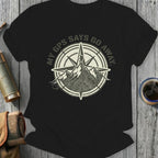 Black t-shirt with a circular mountain compass design saying "My GPS Says Go Away."