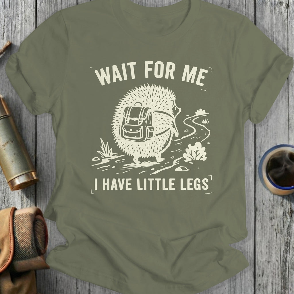 Hedgehog with backpack and text "Wait for me I have little legs".