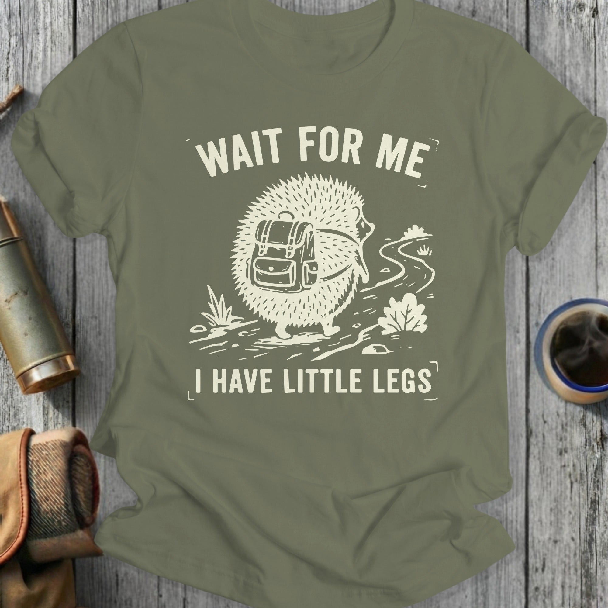 Hedgehog with backpack and text "Wait for me I have little legs".