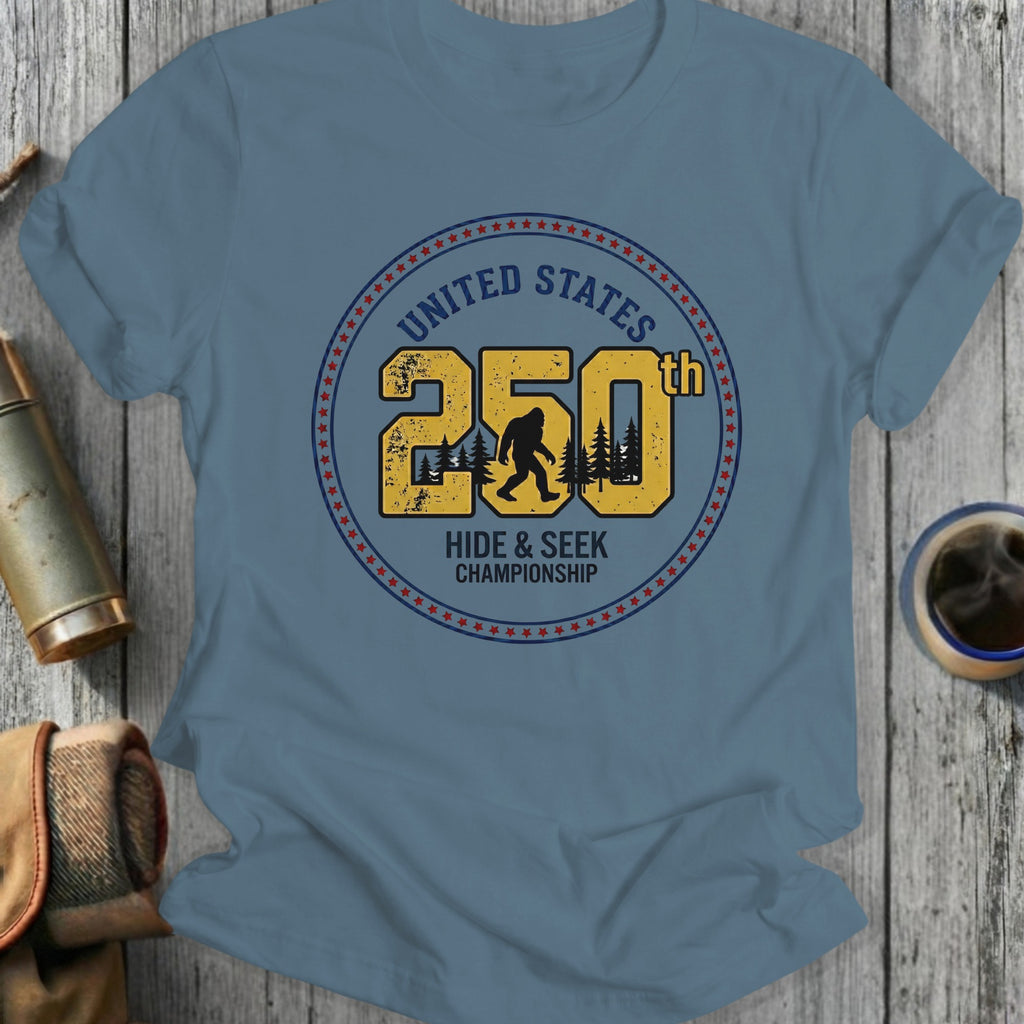 United States 250th Hide & Seek Championship Bigfoot silhouette graphic t-shirt.