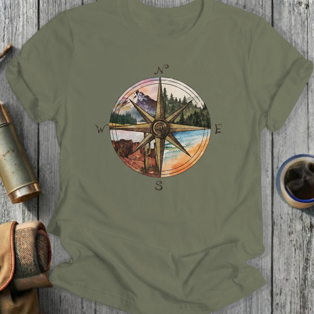 Compass Design with Scenic Landscape Print T-shirt