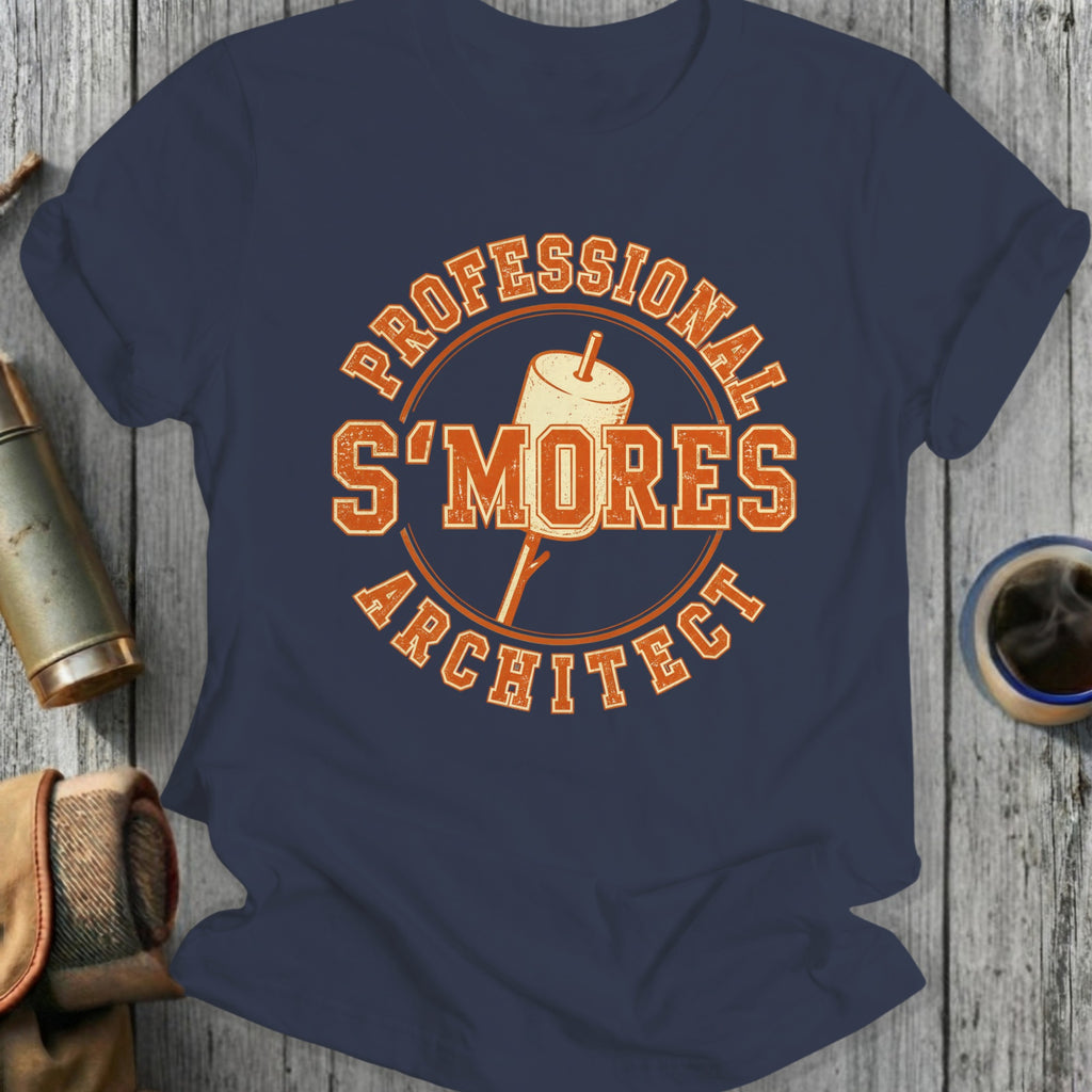 "Professional S'mores Architect" text on a dark blue t-shirt with a marshmallow on a stick.
