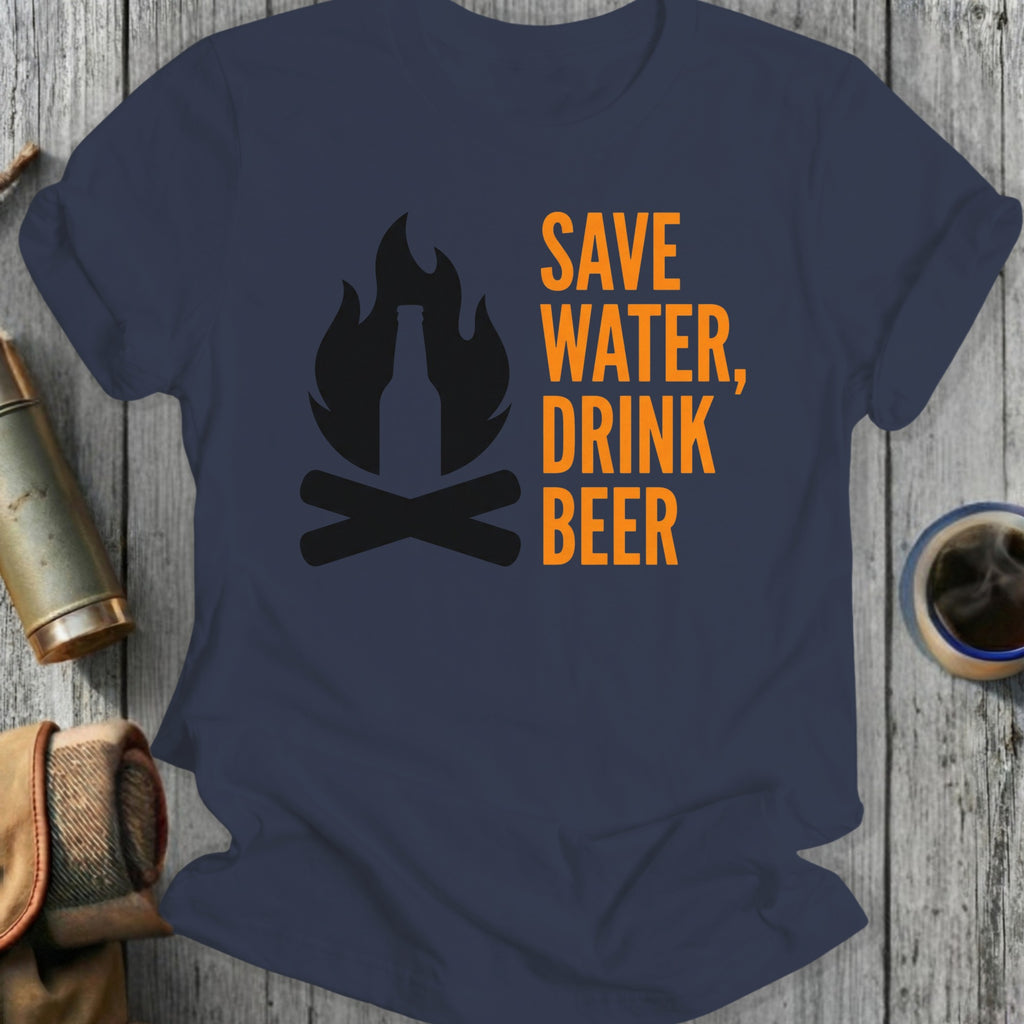 Dark blue t-shirt with "SAVE WATER, DRINK BEER" and campfire design.