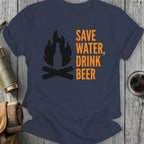 Dark blue t-shirt with "SAVE WATER, DRINK BEER" and campfire design.