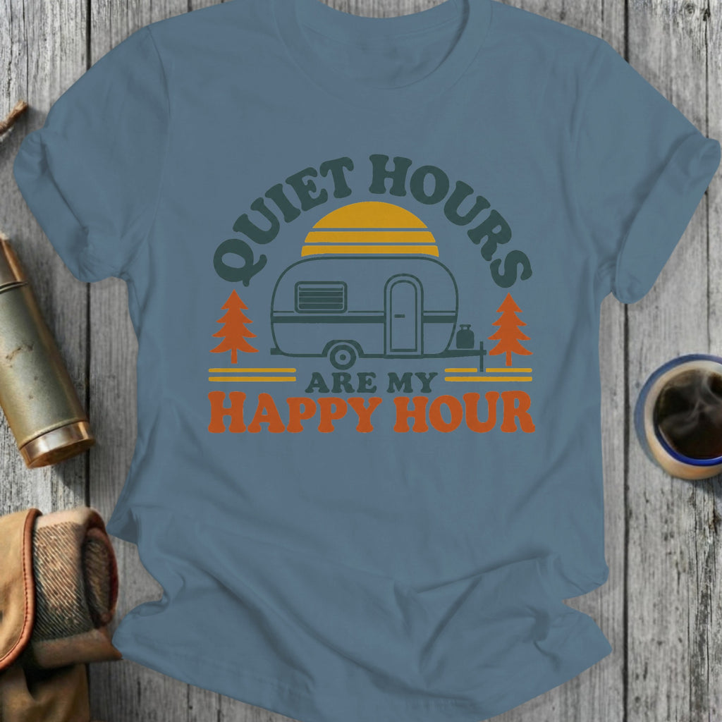 T-shirt graphic with RV, trees, sunset, and text "Quiet Hours Are My Happy Hour"