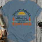 T-shirt graphic with RV, trees, sunset, and text "Quiet Hours Are My Happy Hour"
