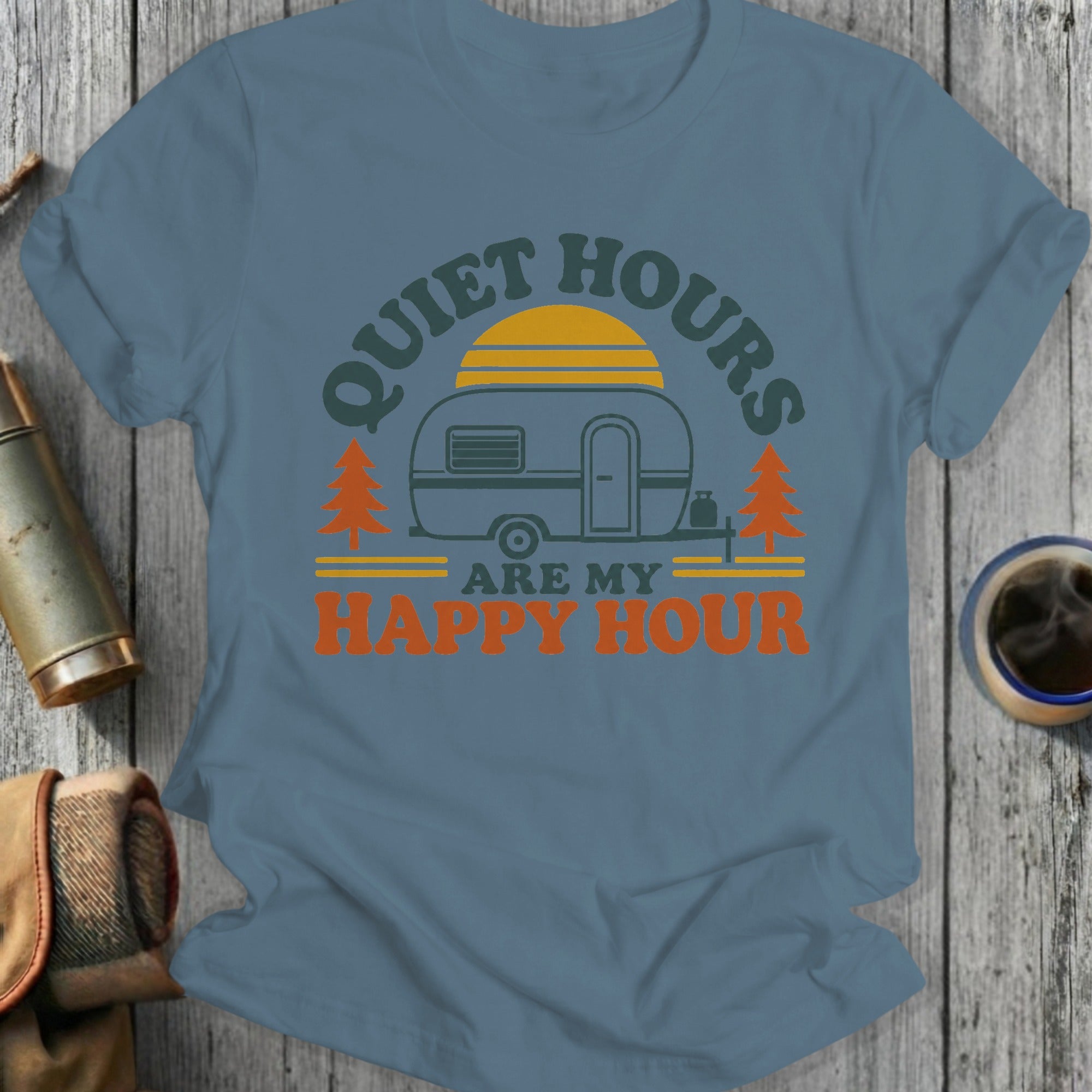 T-shirt graphic with RV, trees, sunset, and text "Quiet Hours Are My Happy Hour"