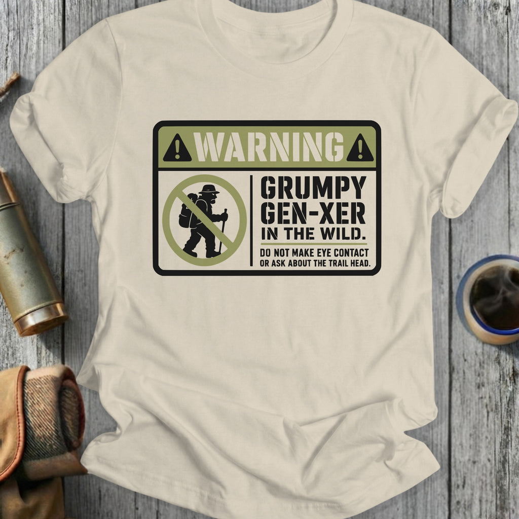 T-shirt with warning sign: Grumpy Gen-Xer in the wild, avoid eye contact.