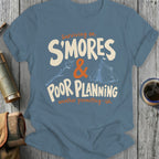 Blue t-shirt with "Surviving on S'mores & Poor Planning" text and camping graphics.