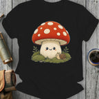 Kawaii mushroom with happy face and snail on mossy ground.