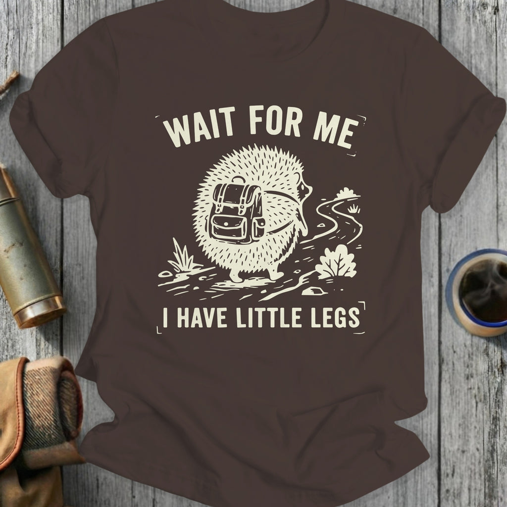 Hedgehog with backpack on t-shirt, "Wait for me, I have little legs."