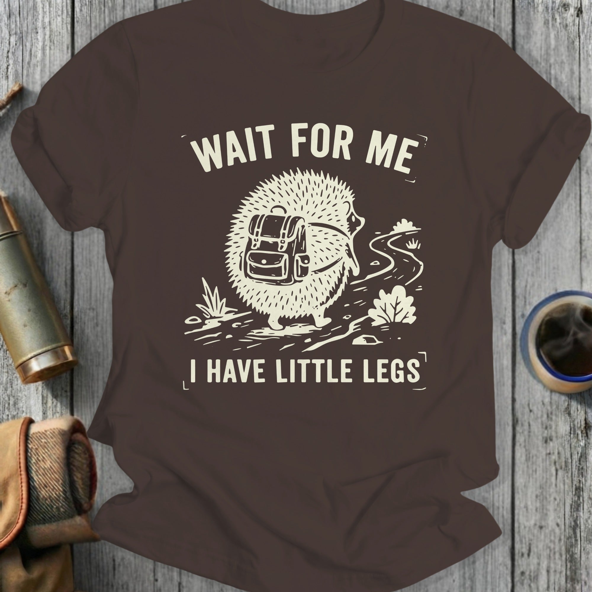 Hedgehog with backpack on t-shirt, "Wait for me, I have little legs."