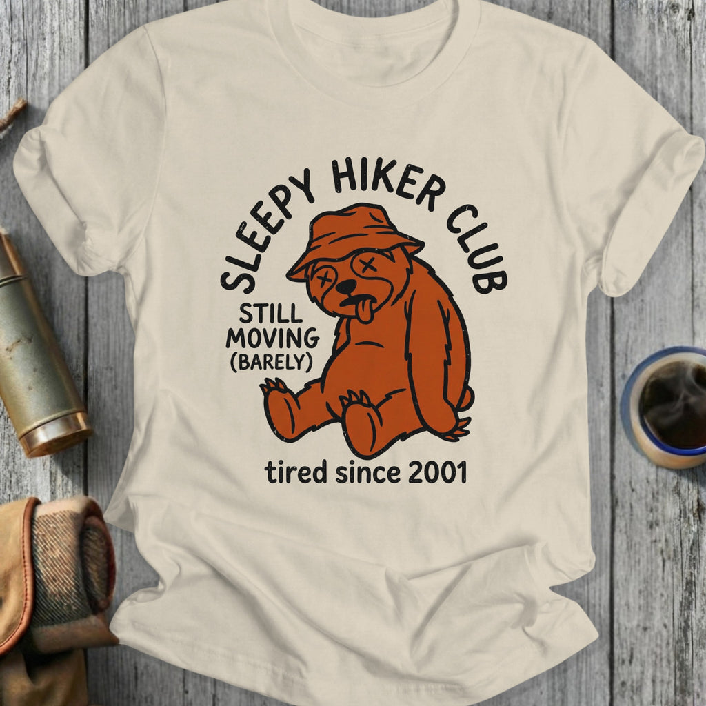 T-shirt with sleepy bear graphic saying "Sleepy Hiker Club tired since 2001".