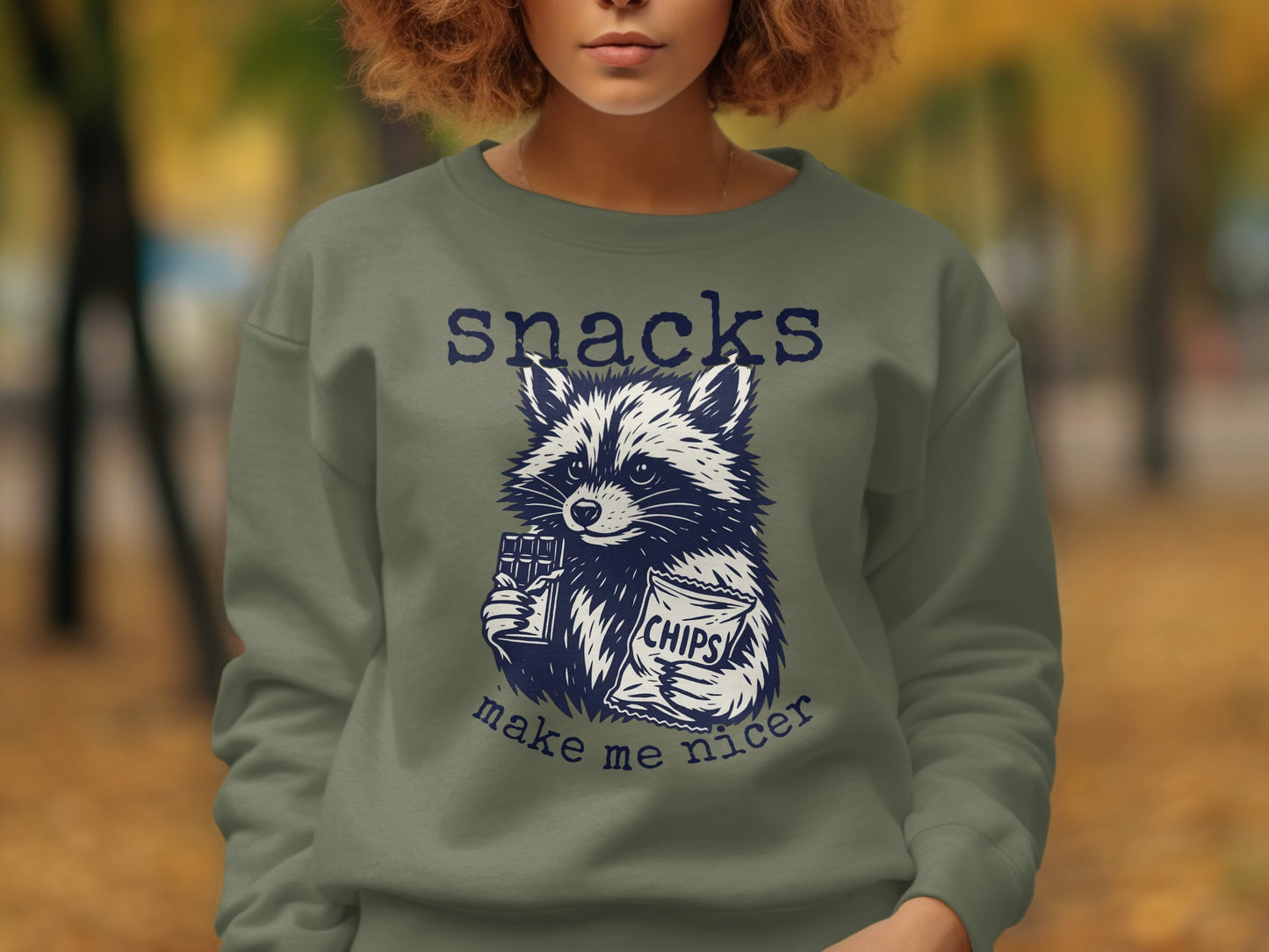 Snacks Make Me Nicer Raccoon Printed Sweater product type