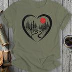 Heart-Shaped Forest Path with Red Sun T-Shirt
