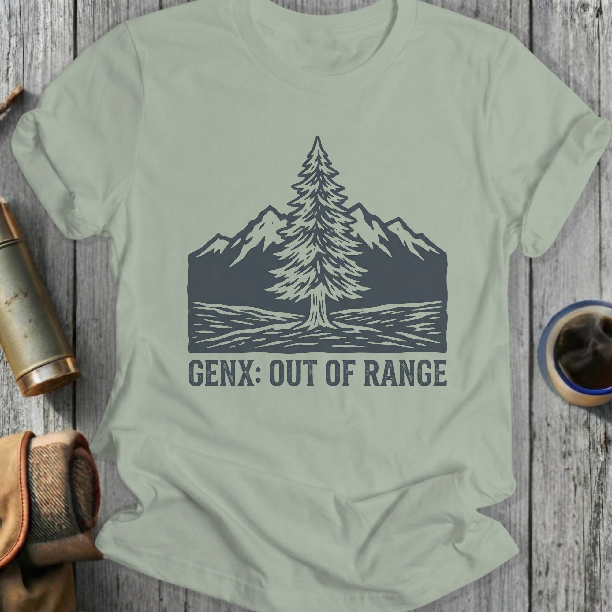 T-shirt graphic featuring a pine tree and mountains with text "GENX: OUT OF RANGE".