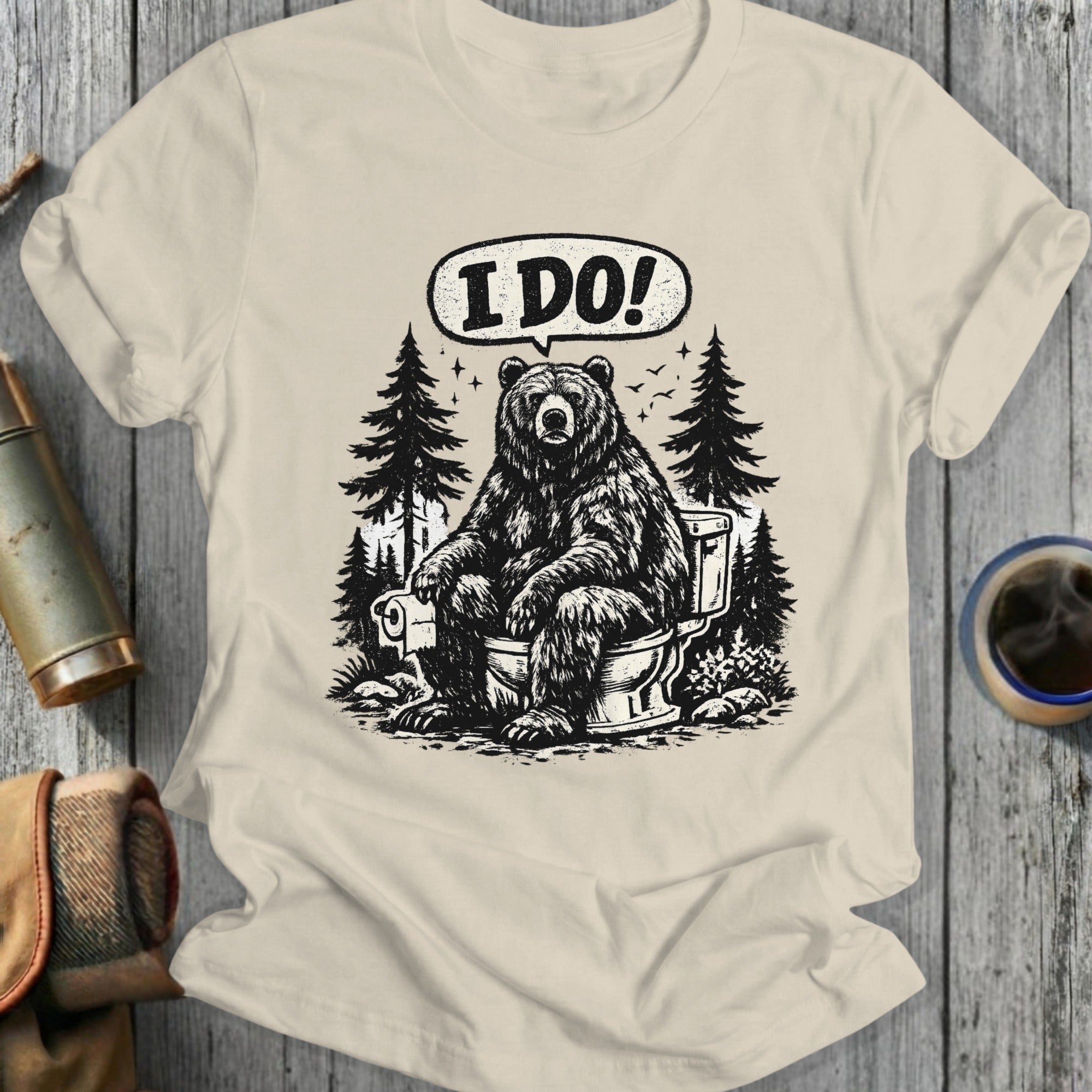 Bear wearing hat sitting on toilet with "I DO!" speech bubble.