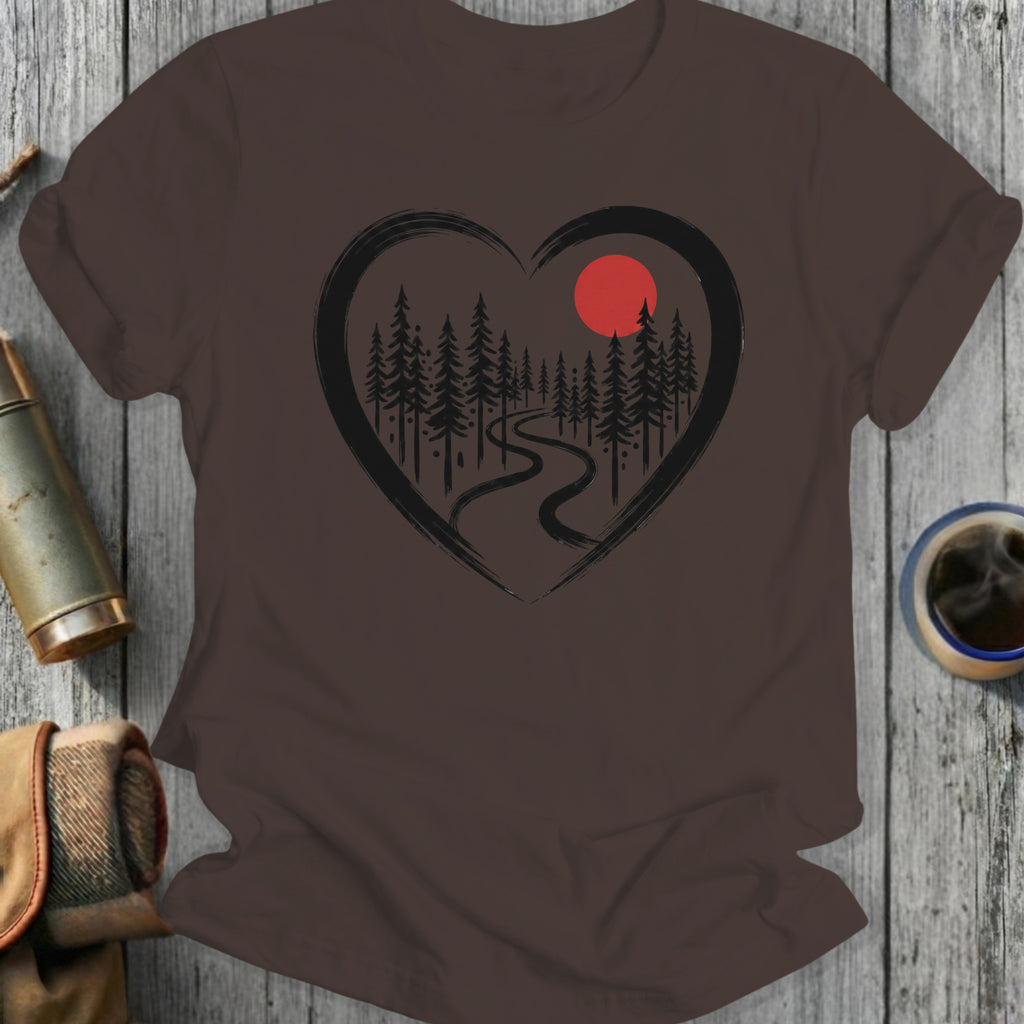 Heart Shaped Forest Scene with Red Sun Graphic Shirt