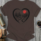 Heart Shaped Forest Scene with Red Sun Graphic Shirt