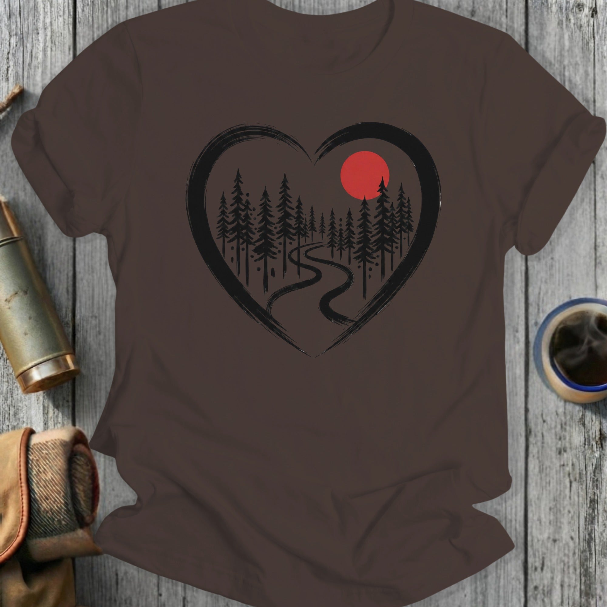 Heart Shaped Forest Scene with Red Sun Graphic Shirt