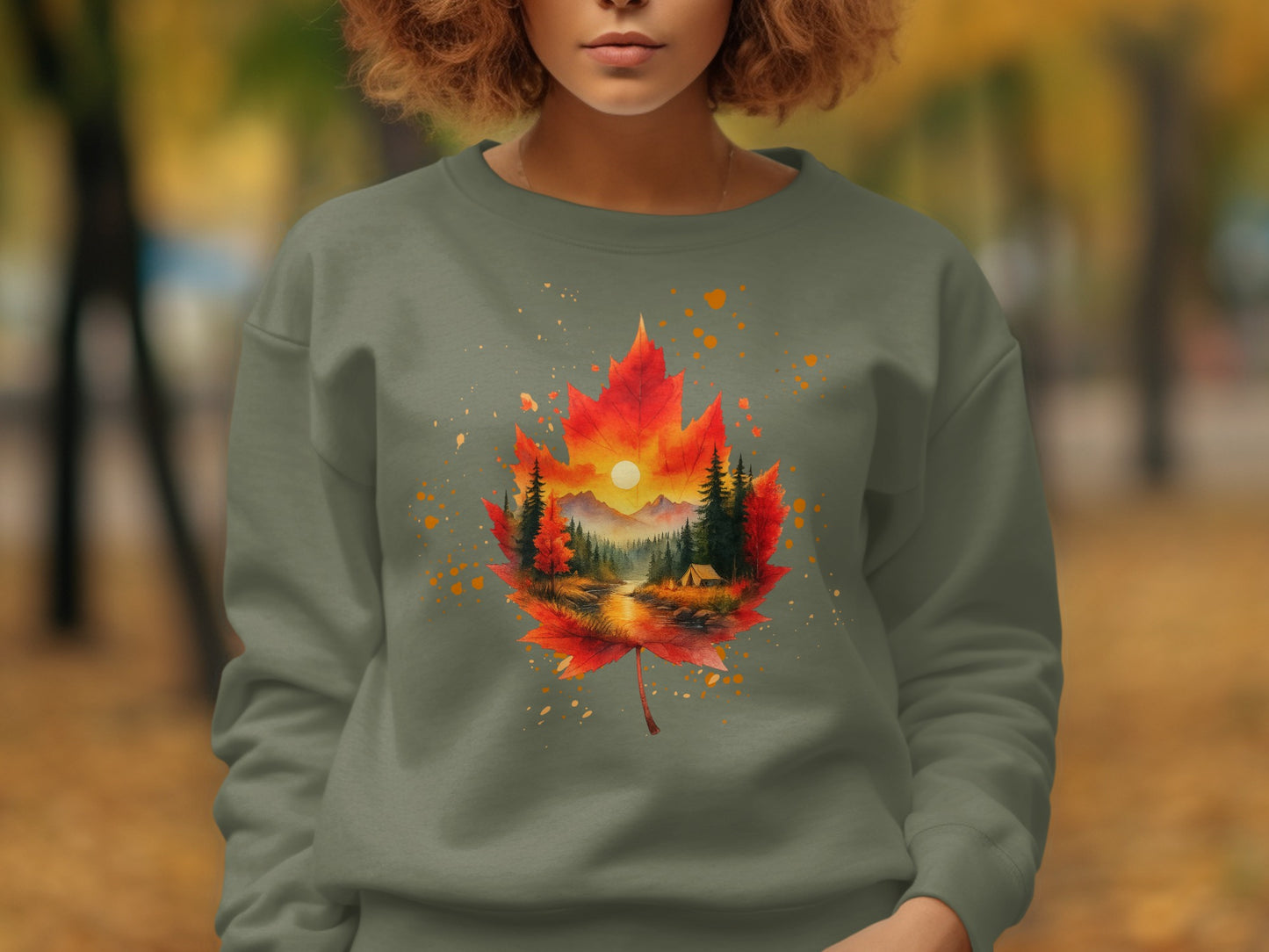 Autumn Leaf and Landscape Print on Sweatshirt product type