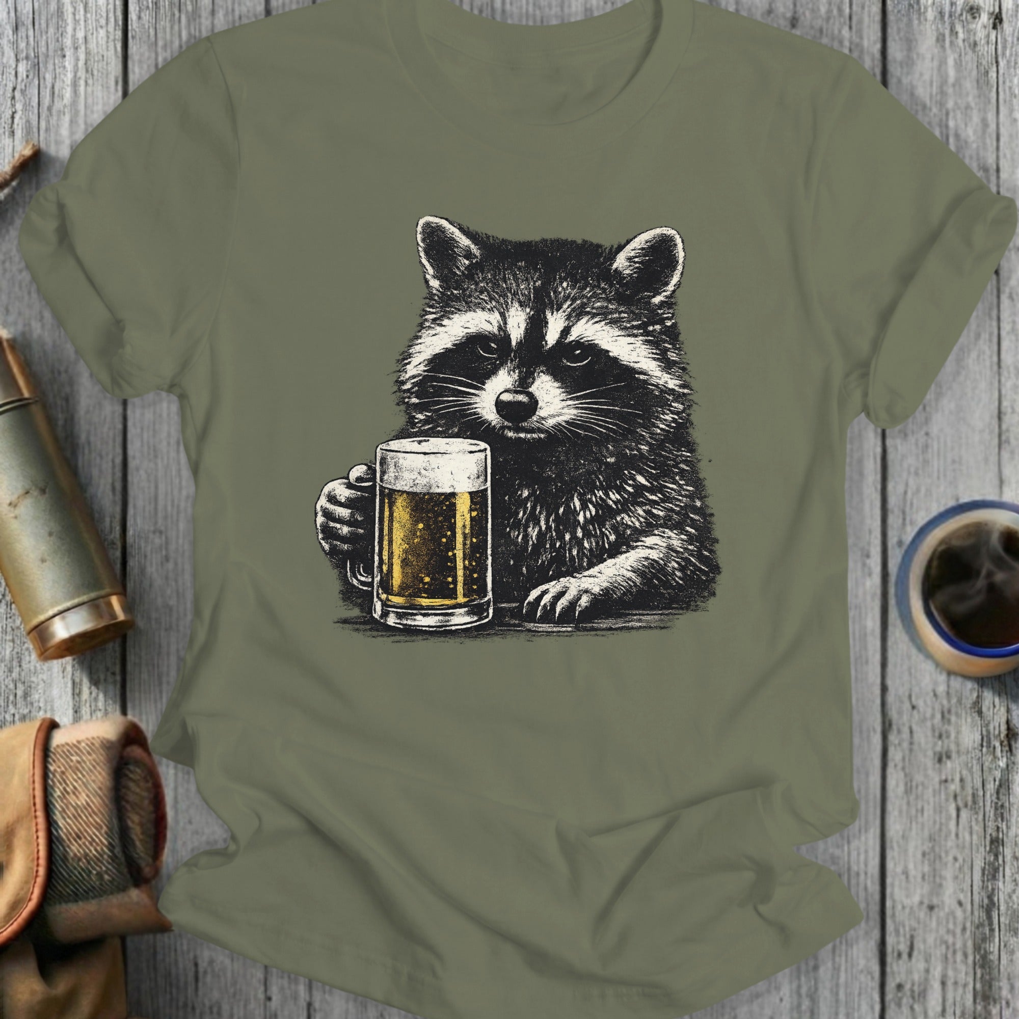 Raccoon Holding Beer Mug Graphic Tee Shirt Product
