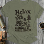 T-shirt with raccoon graphic saying "Relax Nothing is under control".