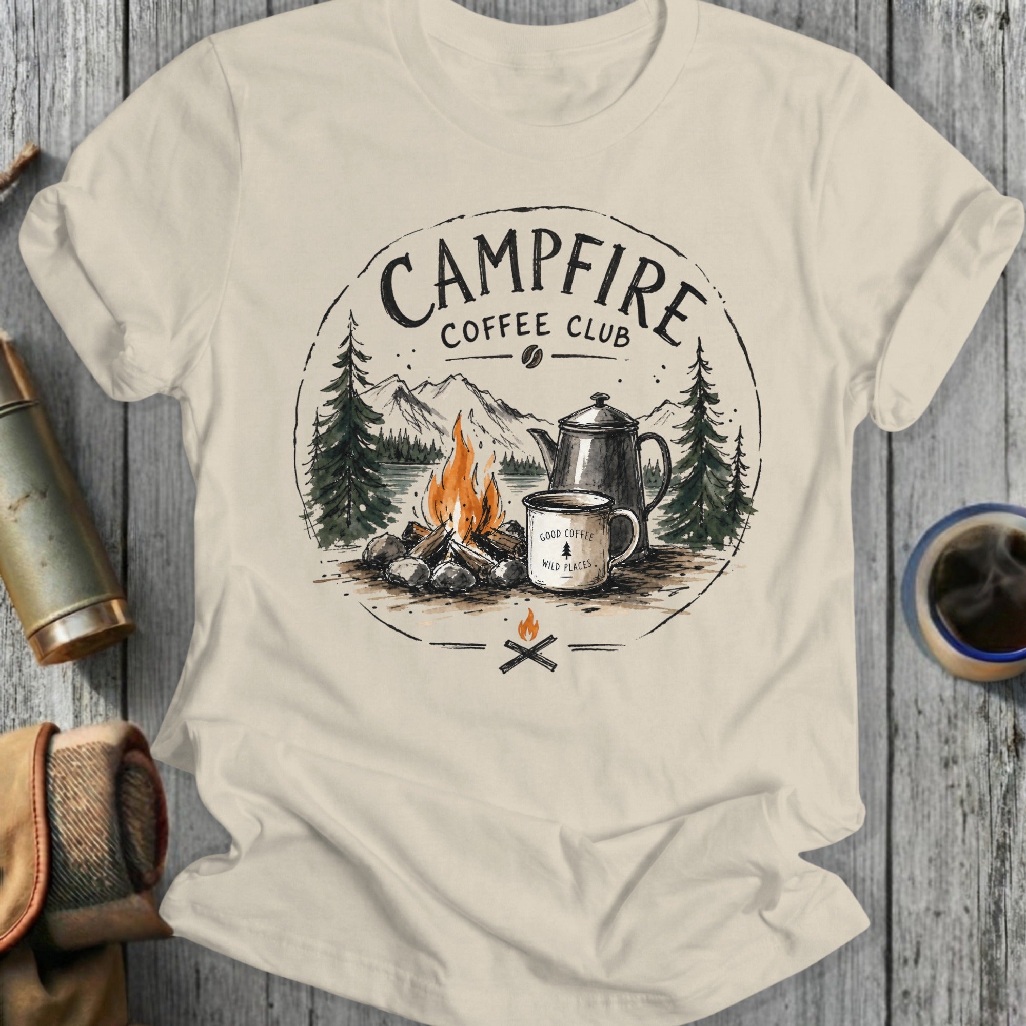 Campfire Coffee Club graphic with a campfire, coffee pot, mug, and mountains behind.