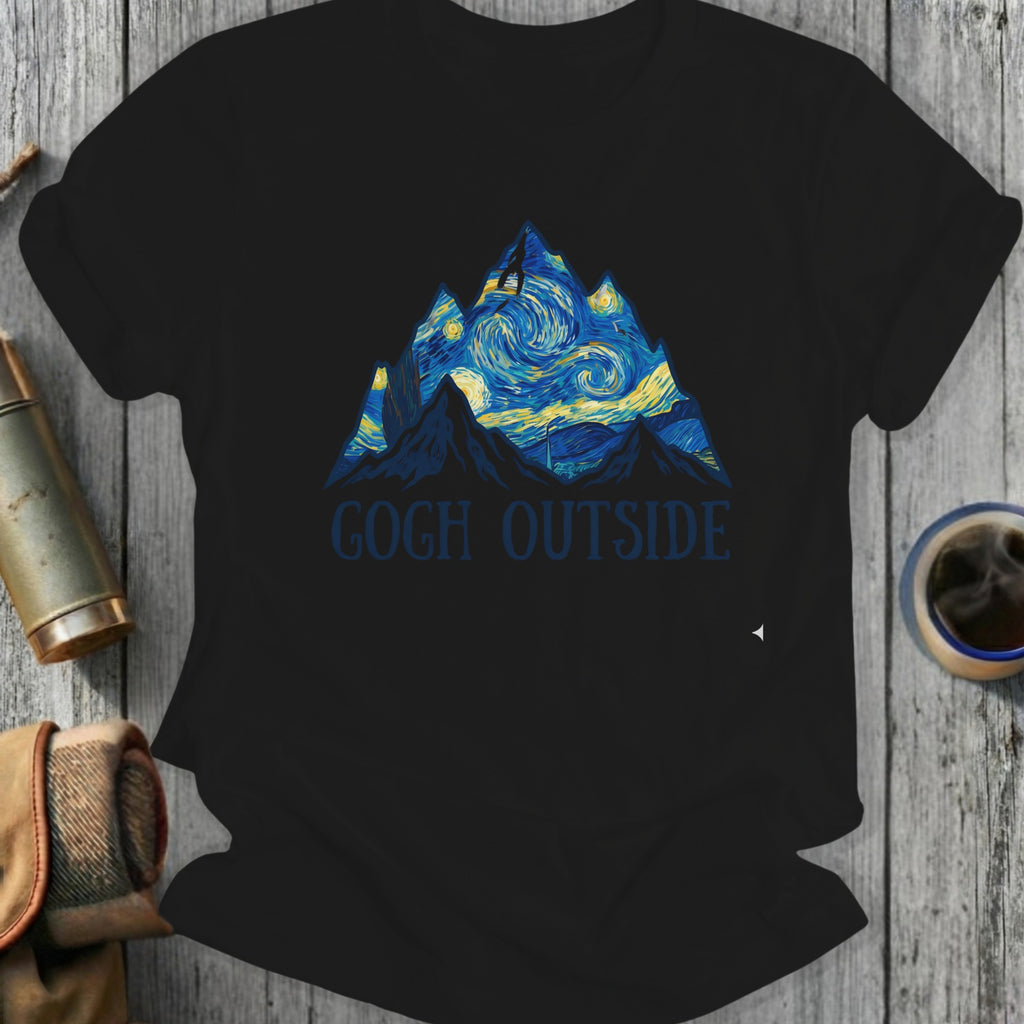Black t-shirt with mountains under Van Gogh's Starry Night sky and "Gogh Outside" text.