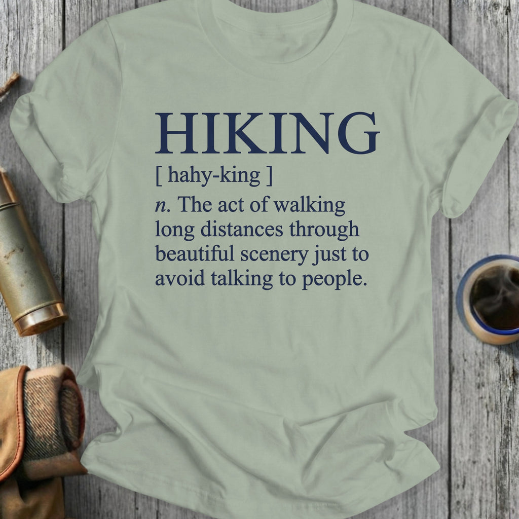 Light gray t-shirt with dark blue text defining "HIKING".