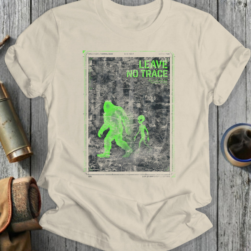 Bigfoot and alien silhouettes with "Leave No Trace" text on thermal scan background.