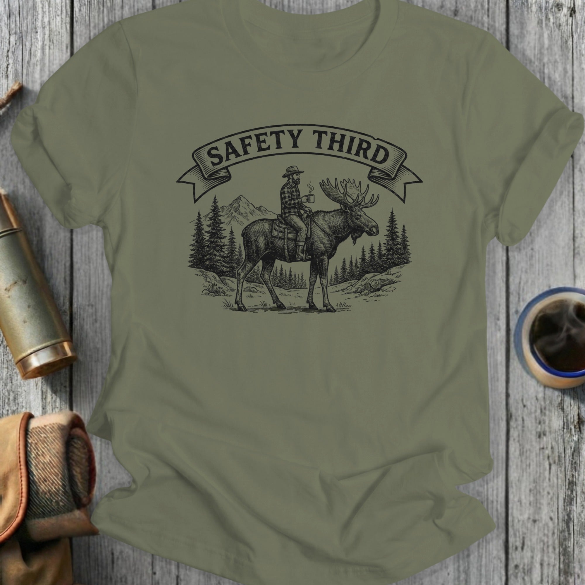 Safety Third Hunter Riding Moose Graphic T-Shirt