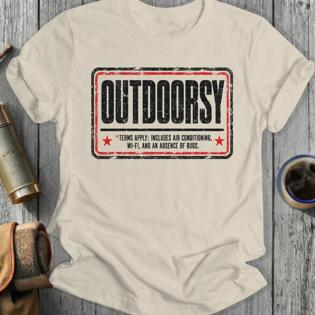 T-shirt with distressed graphic featuring the word "OUTDOORSY" and text about terms of service.