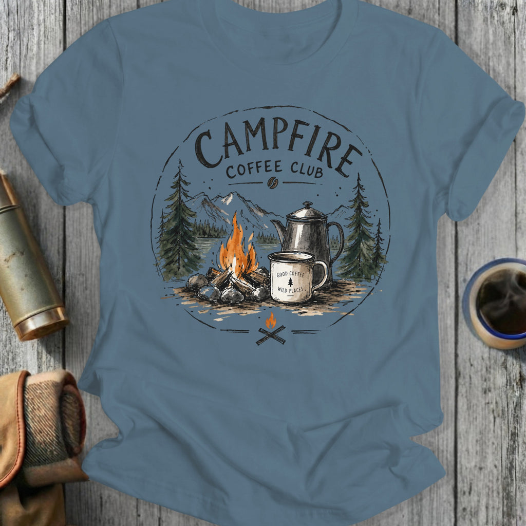 Campfire Coffee Club tee with campfire, coffee pot, mug and mountains graphic.