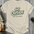 Cream t-shirt with "Go Outside You'll Feel Better" text.