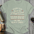 Gen X Playground t-shirt with text about coping with injury.