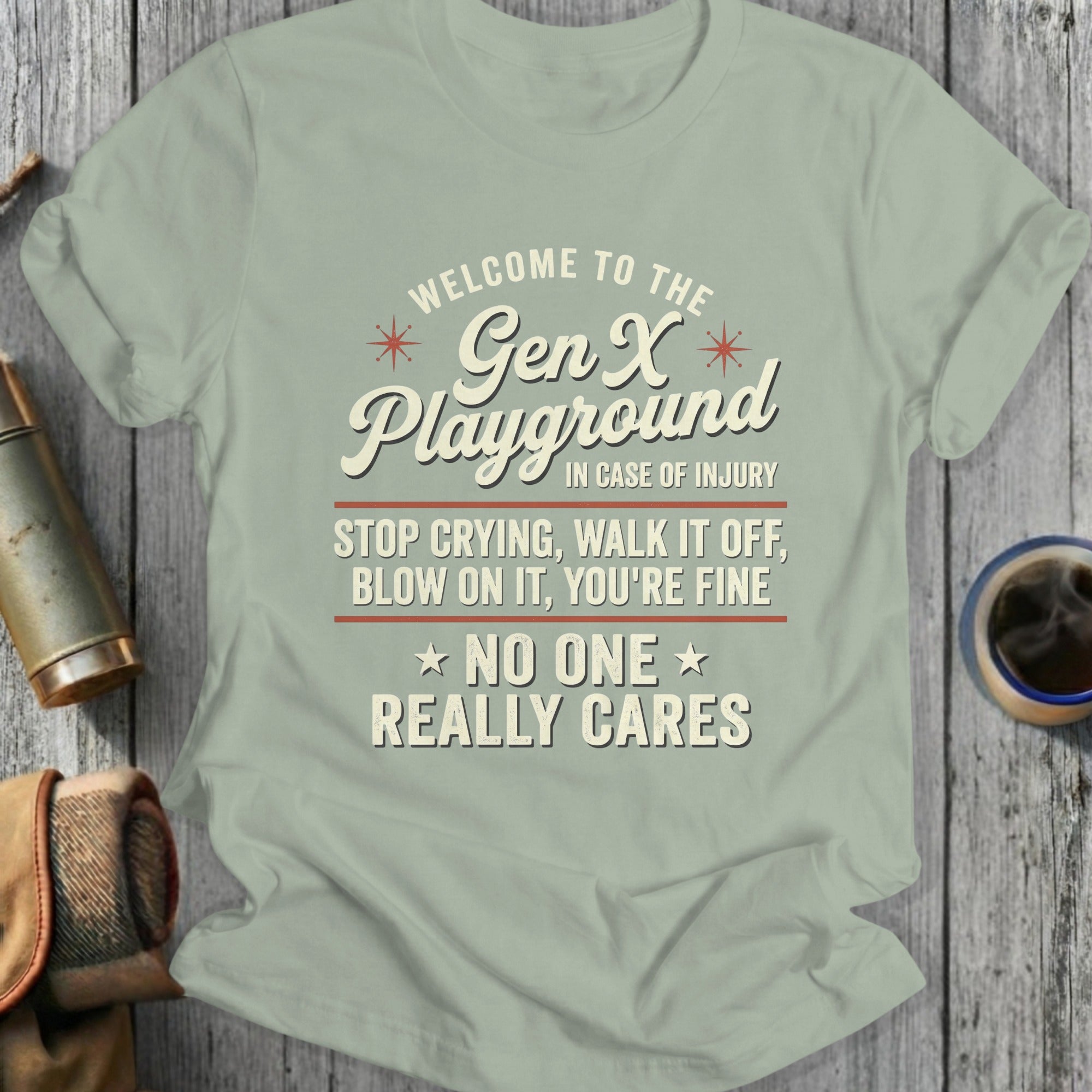 Gen X Playground t-shirt with text about coping with injury.