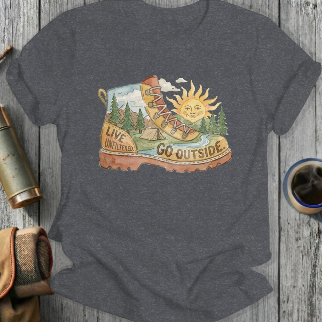 Hiking boot with outdoor scene and text "LIVE UNFILTERED GO OUTSIDE."