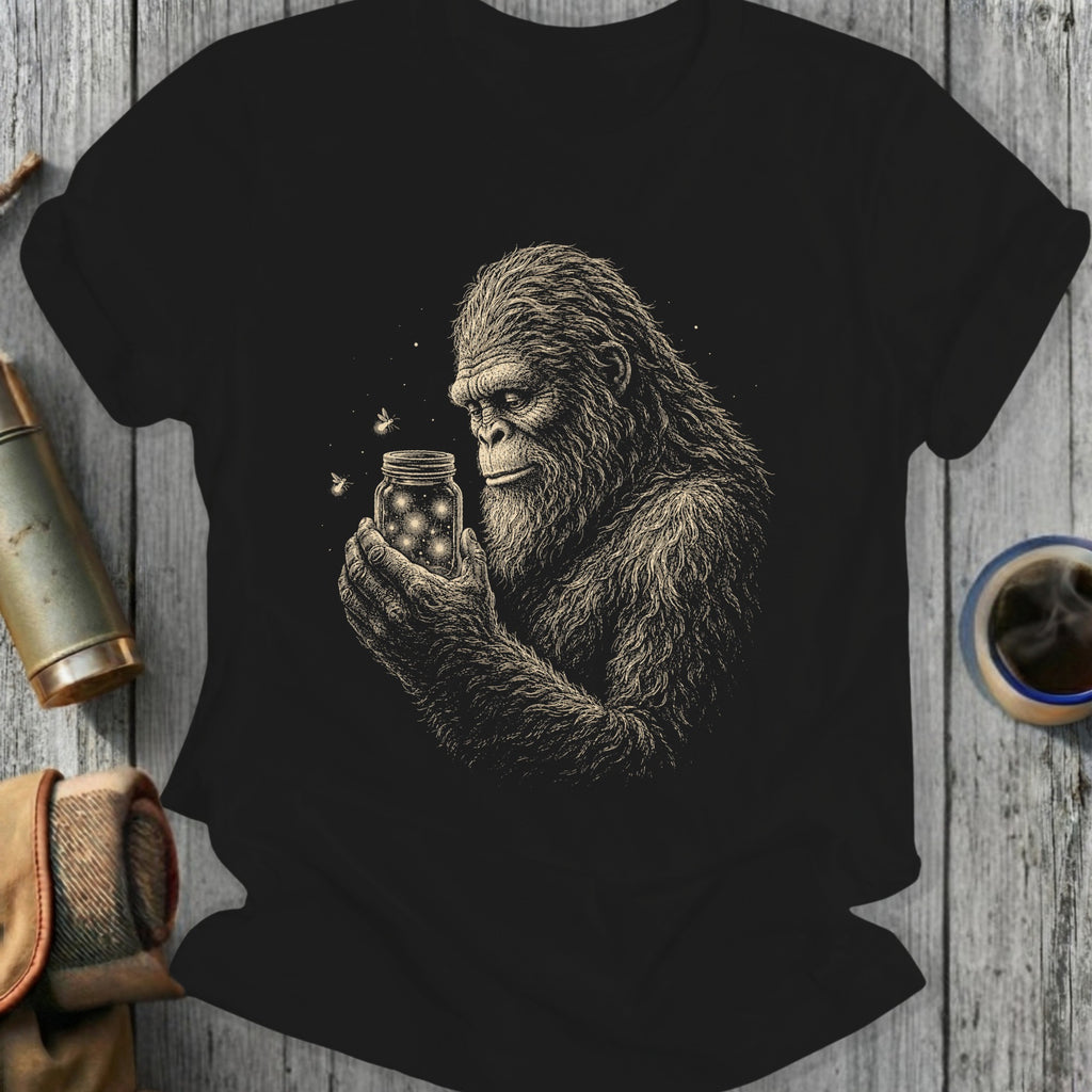 Bigfoot holding a mason jar filled with glowing fireflies and stars.