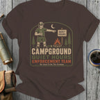 Campground Quiet Hours Enforcement Team graphic on brown t-shirt.