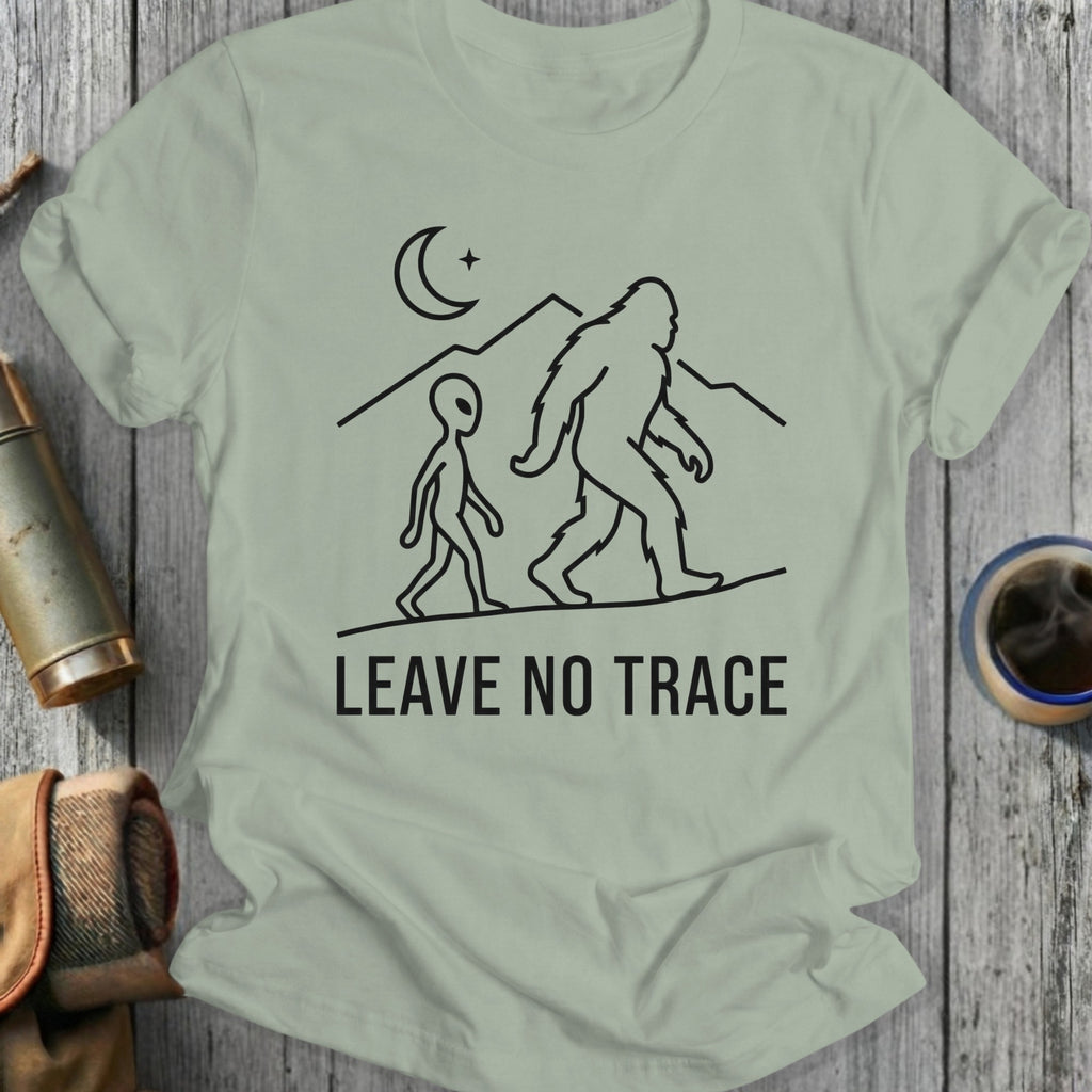 Bigfoot and alien walk under moon with "Leave No Trace" text.