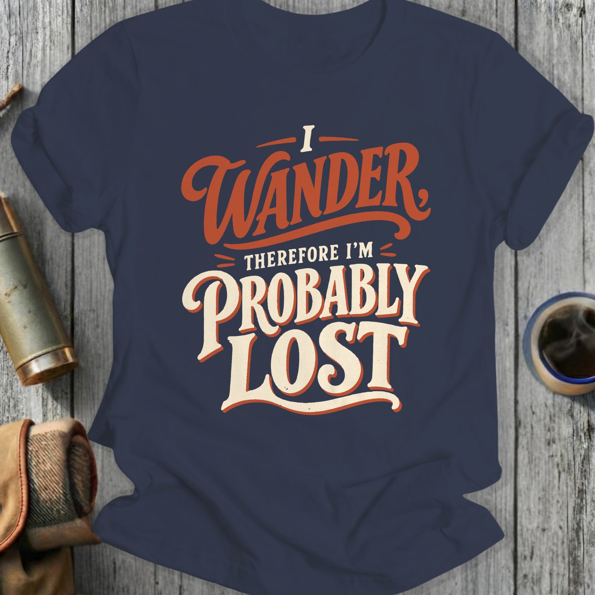 Navy t-shirt with text "I Wander Therefore I'm Probably Lost"