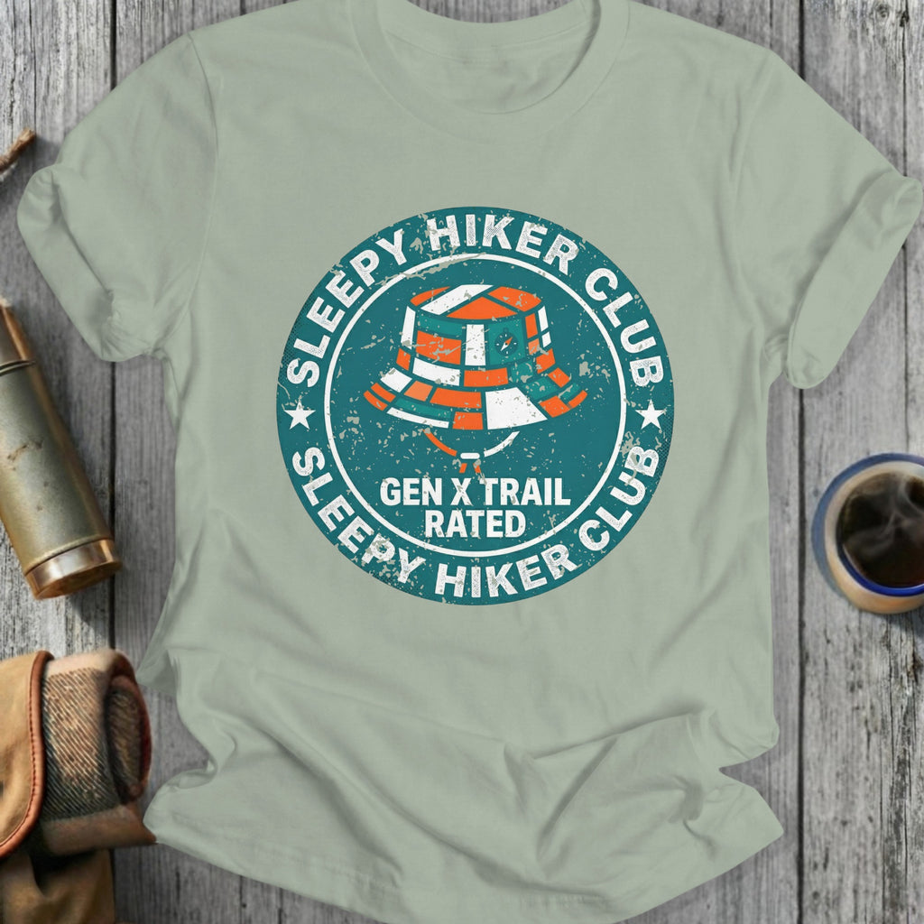 "Sleepy Hiker Club Gen X Rated" graphic on a light gray t-shirt.